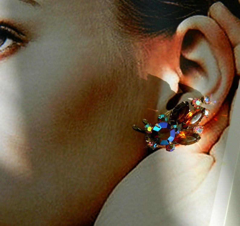 vintage Amber Glass Aurora Borealis Rhinestone Clip Earrings Signed Designer Earrings Ear Climbers