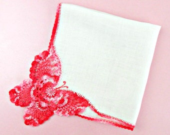 Vintage White Linen Handkerchief with a Crocheted Butterfly in Bright Pink for Mothers Day