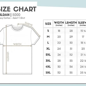 Puede incluir: Tabla de tallas para una camiseta para adultos Gildan 5000 de algod&oacute;n pesado. La tabla muestra las medidas de ancho, largo y largo de manga en pulgadas para las tallas S a 5XL. La tabla incluye un diagrama de la camiseta.