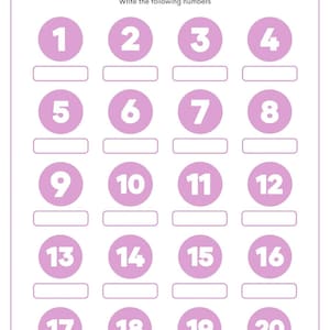 May include: A numbers 1-20 worksheet. The title "Numbers 1-20" is at the top, with spaces below each number for writing. The numbers are in light purple circles. The worksheet is on white paper.