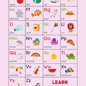 May include: Alphabet chart with colorful illustrations for each letter, including an apple, ball, cat, dog, elephant, fish, goat, hat, igloo, juice, kite, lion, mouse, nest, octopus, pizza, quarter, rainbow, sun, turtle, umbrella, violin, watermelon, xylophone, yellow crayon, and zebra.