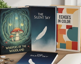 May include: A display of custom book covers with various designs. One cover features a forest scene with mushrooms, another has a feather on a blue background, and a third displays colorful geometric shapes. The text "Custom Book Covers For You" is visible.