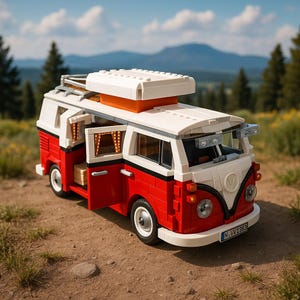 Puede incluir: Una furgoneta camper de juguete roja, blanca y naranja con la puerta abierta, estacionada en un camino de tierra. La furgoneta tiene un techo blanco, una baca y una matrícula. El fondo presenta una cordillera y árboles.