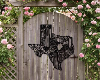 Metalen wanddecoratie met cactusmotief uit Texas, gepoedercoat stalen bord, rustieke tuindecoratie, accent voor aan de schutting, wanddecoratie voor buiten