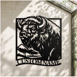 Rustic Buffalo Mountain Metal Wall Art, Cabin Decor Wildlife Silhouette, Wilderness Wall Hanging, Farmhouse Nature Wall Art Gift for Him