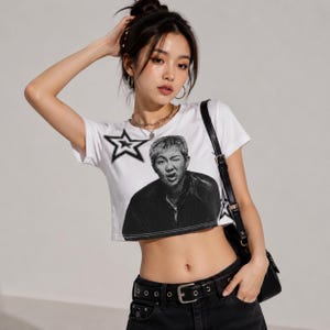 Namjoon BTS Crop Top Shirt | ARIRANG World Tour Outfit | K-Pop Streetwear Graphic Tee | BTS Concert Merch | Monochrome Portrait Crop Tee