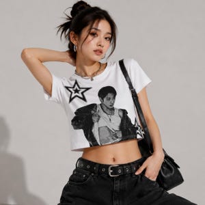 Jungkook BTS Crop Top Shirt | ARIRANG World Tour Outfit | K-Pop Streetwear Graphic Tee | BTS Concert Merch | Monochrome Portrait Crop Tee