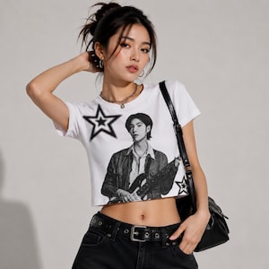 Yoongi BTS Crop Top Shirt | ARIRANG World Tour Outfit | K-Pop Streetwear Graphic Tee | BTS Concert Merch | Monochrome Portrait Crop Tee