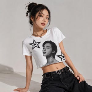 Jimin BTS Crop Top Shirt | ARIRANG World Tour Outfit | K-Pop Streetwear Graphic Tee | BTS Concert Merch | Monochrome Portrait Crop Tee