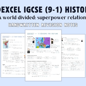 Könnte beinhalten: Handschriftliche Wiederholungsnotizen für Edexcel IGCSE (9-1) Geschichte, mit Schwerpunkt auf den Beziehungen zwischen Supermächten. Die Notizen umfassen Diagramme und Text zu Themen wie dem Kalten Krieg und dem Koreakrieg. Der Titel "HANDWRITTEN REVISION NOTES" ist sichtbar.