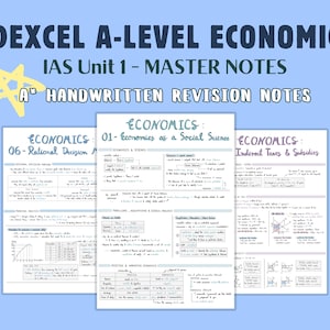 以下が含まれることがあります： Edexcel Aレベル経済学、IAS Unit 1の手書きの復習ノート。画像には、「Economics: 06-Rational Decision Making」、「Economics: 01-Economics as a Social Science」、および「Economics: Indirect Taxes & Subsidies」というタイトルが付いた3ページ分のノートが表示されています。