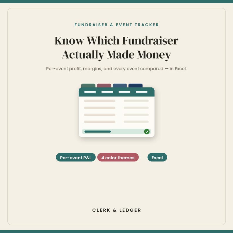 Puede incluir: Una plantilla de hoja de c&aacute;lculo digital para el seguimiento de recaudaciones de fondos y eventos para Excel. El gr&aacute;fico muestra el texto: Fundraiser & Event Tracker, Know Which Fundraiser Actually Made Money, Per-event profit, margins, and every event compared &mdash; in Excel. Incluye botones etiquetados como Per-event P&L, 4 color themes, Excel y el nombre de marca Clerk & Ledger.