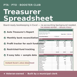 May include: A digital treasurer spreadsheet for PTA, PTO, and booster clubs. The document features an auto-generating treasurer's report, monthly bank reconciliation, profit tracker, and restricted-fund tracking with nine tabs and sample data.