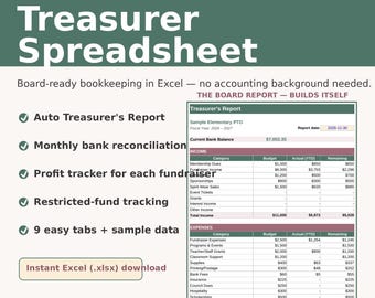 PTA Treasurer Spreadsheet | PTO and Booster Club Bookkeeping Template | Excel Budget, Fundraiser Tracker