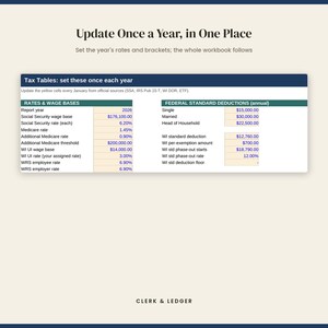 Puede incluir: Una interfaz de hoja de c&aacute;lculo digital titulada Tax Tables: set these once each year, con columnas para Rates & Wage Bases y Federal Standard Deductions. La tabla incluye filas para datos de 2026, seguridad social, medicare y tramos impositivos.