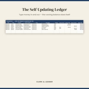 May include: A digital spreadsheet titled The Self-Updating Ledger with the subtitle Type money in and out &mdash; the running balance does itself. It displays a dark blue header row with transaction categories and rows of financial data for Clerk & Ledger.