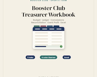 Booster Club Treasurer Spreadsheet | Sports Team Bookkeeping | Excel Budget, Concessions and Fundraiser Tracker
