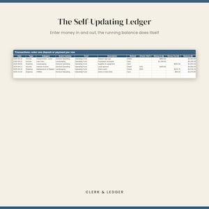 May include: A digital spreadsheet titled The Self-Updating Ledger with the subtitle Enter money in and out, the running balance does itself. It features a transaction table with columns for date, type, category, activity, fund, description, method, check number, money in, money out, and balance. The brand name CLERK & LEDGER appears at the bottom.