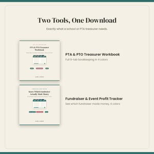 May include: Two digital tools for school treasurers: the PTA & PTO Treasurer Workbook with 9-tab bookkeeping in 4 colors, and the Fundraiser & Event Profit Tracker to monitor earnings. Both feature clean layouts with text labels on a light background.