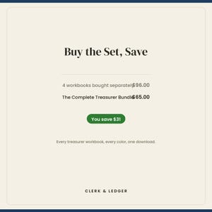 May include: A digital graphic with a cream background featuring the text Buy the Set, Save. It lists 4 workbooks bought separately at $96.00, The Complete Treasurer Bundle at $65.00, a green button stating You save $31, and Clerk & Ledger.
