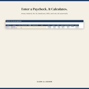 Puede incluir: Una interfaz de hoja de c&aacute;lculo de n&oacute;mina digital con el t&iacute;tulo Enter a Paycheck. It Calculates. Gross, federal, WI, SS, Medicare, WRS, and net, all automatic. La tabla muestra columnas para fecha, empleado, horas y retenciones. Clerk & Ledger.