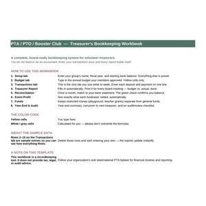 May include: A digital bookkeeping workbook for PTA, PTO, and Booster Club treasurers. The document features a dark green header with white text, followed by instructions on how to use the workbook, a color code guide, and notes on sample data.