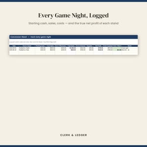 May include: A digital spreadsheet titled Every Game Night, Logged with the subtitle Starting cash, sales, costs &mdash; and the true net profit of each stand. The table tracks concession stand data including date, event, cash, sales, and net profit.