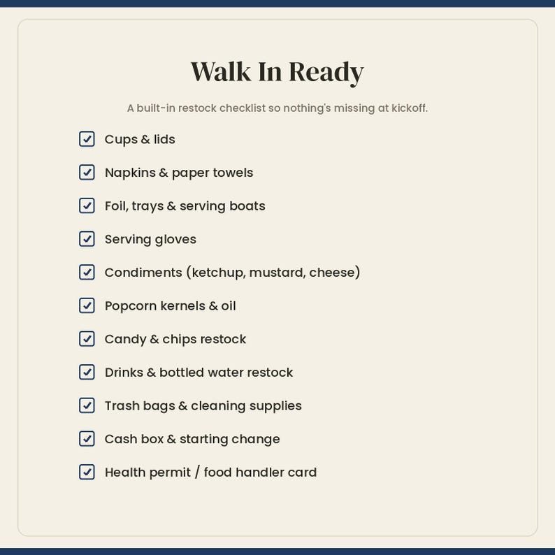 May include: A light-coloured checklist titled Walk In Ready with the subtitle A built-in restock checklist so nothing's missing at kickoff. It lists items including cups, lids, napkins, paper towels, foil, trays, serving boats, gloves, condiments, popcorn, candy, chips, drinks, water, trash bags, cleaning supplies, cash box, and health permits.