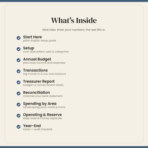 May include: A digital document titled What's Inside with nine tabs including Start Here, Setup, Annual Budget, Transactions, Treasurer Report, Reconciliation, Spending by Area, Operating & Reserve, and Year-End, each with a blue checkmark icon.