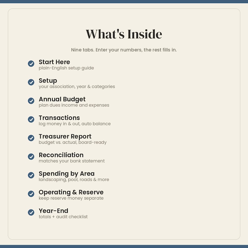 May include: A digital document titled What's Inside with nine tabs including Start Here, Setup, Annual Budget, Transactions, Treasurer Report, Reconciliation, Spending by Area, Operating & Reserve, and Year-End, each with a blue checkmark icon.