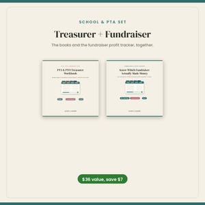 May include: A School & PTA set featuring two workbooks titled Treasurer + Fundraiser. The left book is the PTA & PTO Treasurer Workbook, and the right book is the Fundraiser & Event Tracker. Both books feature a graphic of a tabbed organizer.