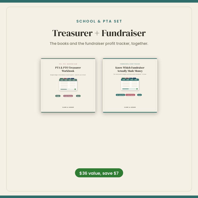 May include: A School & PTA set featuring two workbooks titled Treasurer + Fundraiser. The left book is the PTA & PTO Treasurer Workbook, and the right book is the Fundraiser & Event Tracker. Both books feature a graphic of a tabbed organizer.
