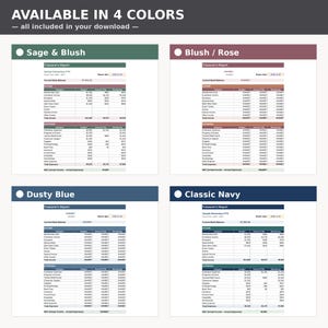 May include: A digital template for a Treasurer's Report available in four color schemes: Sage and Blush, Blush and Rose, Dusty Blue, and Classic Navy. Each version displays a financial table with columns for income, expenses, budget, and actual totals.