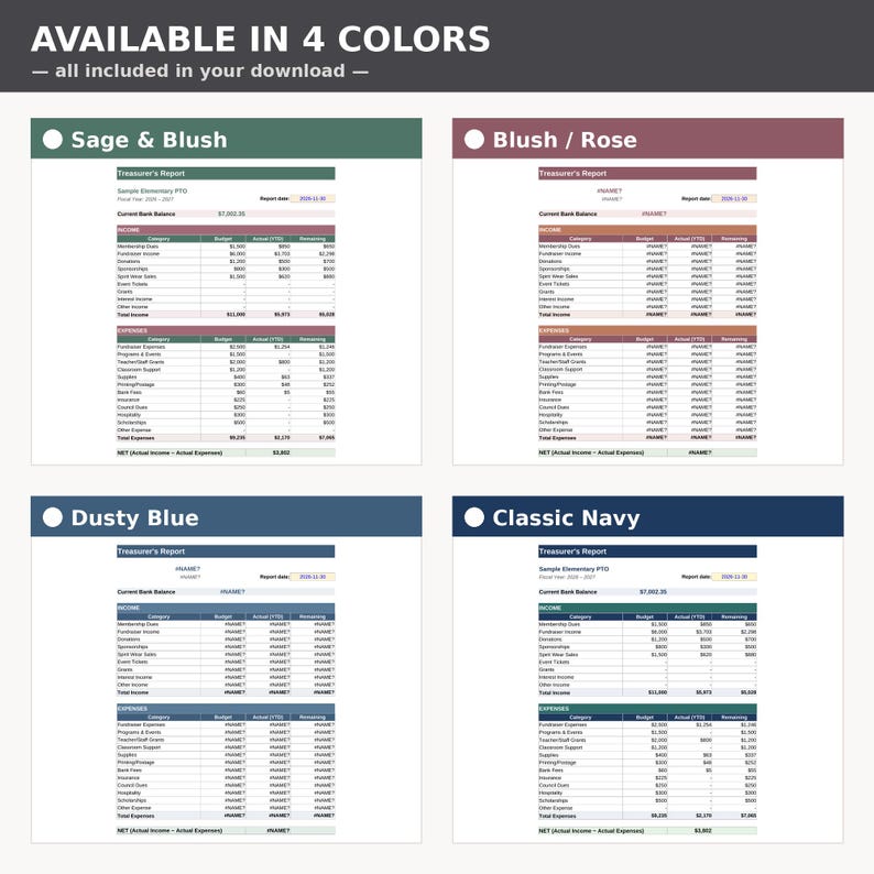 May include: A digital template for a Treasurer's Report available in four color schemes: Sage and Blush, Blush and Rose, Dusty Blue, and Classic Navy. Each version displays a financial table with columns for income, expenses, budget, and actual totals.
