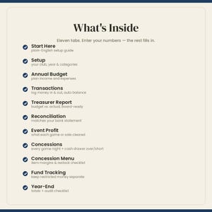 May include: A digital spreadsheet interface titled What's Inside, listing eleven tabs including Start Here, Setup, Annual Budget, Transactions, Treasurer Report, Reconciliation, Event Profit, Concessions, Concession Menu, Fund Tracking, and Year-End.
