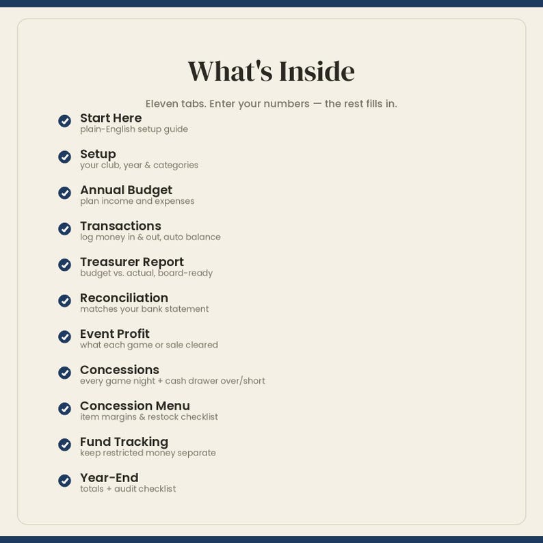 May include: A digital spreadsheet interface titled What's Inside, listing eleven tabs including Start Here, Setup, Annual Budget, Transactions, Treasurer Report, Reconciliation, Event Profit, Concessions, Concession Menu, Fund Tracking, and Year-End.