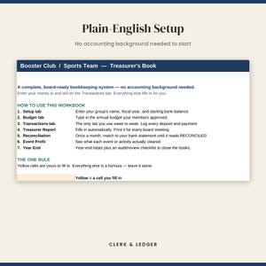 May include: A digital spreadsheet interface titled Booster Club / Sports Team &mdash; Treasurer's Book. It features instructions for a bookkeeping system, including a list of seven tabs and a rule stating that yellow cells are for user input.