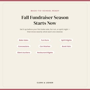 Puede incluir: Un gr&aacute;fico de color beige claro con texto oscuro que dice BACK-TO-SCHOOL READY, Fall Fundraiser Season Starts Now, y una lista de eventos que incluye Bake Sales, Fun Runs, Spirit Nights, Concessions, Car Washes, Book Fairs, Silent Auctions y Restaurant Nights.