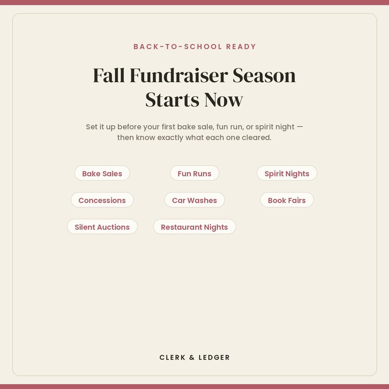 Puede incluir: Un gr&aacute;fico de color beige claro con texto oscuro que dice BACK-TO-SCHOOL READY, Fall Fundraiser Season Starts Now, y una lista de eventos que incluye Bake Sales, Fun Runs, Spirit Nights, Concessions, Car Washes, Book Fairs, Silent Auctions y Restaurant Nights.