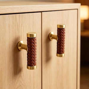 Braided Leather Cabinet Pulls, Modern Farmhouse Drawer Handles, Brass/Black Knobs, Boho Kitchen Hardware, Vintage Dresser Pulls, Home Decor