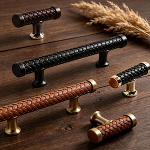 Handwoven Leather Drawer Pulls, Luxury Cabinet Handles, Boho Cabinet Knobs, Mid-Century Modern Hardware, Brass Furniture Pulls