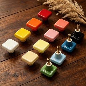 Colorful Square Ceramic Cabinet Knobs, Glossy Drawer Pulls, Single Hole Dresser Knob, Cute Cabinet Handles, Modern Home Decor