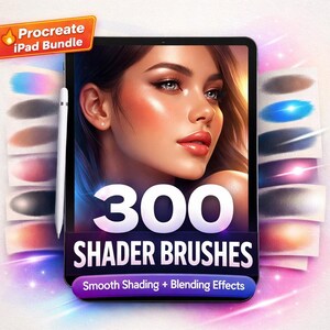 May include: An iPad displaying a digital art portrait with the text "300 Shader Brushes" and "Smooth Shading + Blending Effects." The image includes a white stylus and a Procreate iPad Bundle logo.