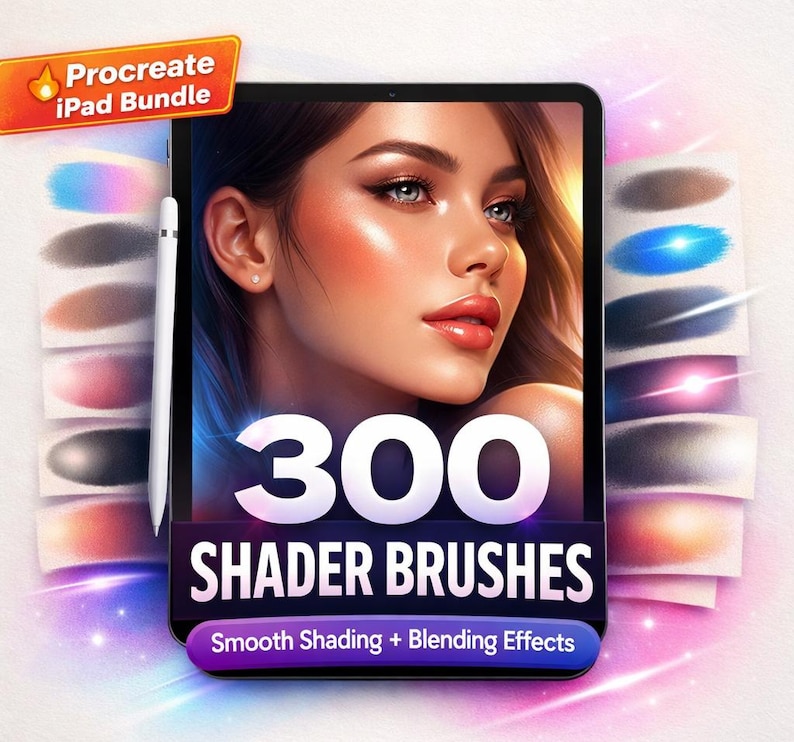 May include: An iPad displaying a digital art portrait with the text "300 Shader Brushes" and "Smooth Shading + Blending Effects." The image includes a white stylus and a Procreate iPad Bundle logo.