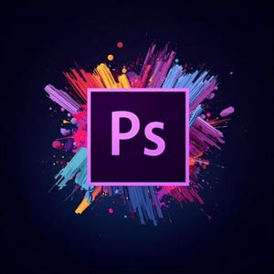 May include: A dark purple square icon featuring the letters Ps in a light purple sans-serif font, centered against a vibrant, multi-colored paint splatter background with streaks of blue, pink, yellow, and orange on a dark navy blue field.