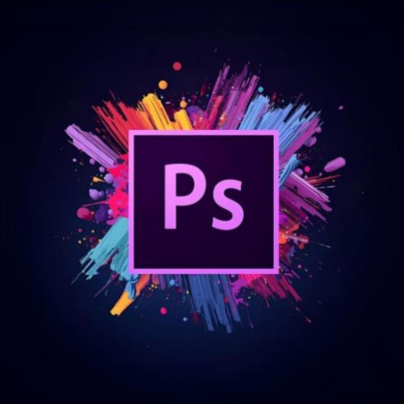May include: A dark purple square icon featuring the letters Ps in a light purple sans-serif font, centered against a vibrant, multi-colored paint splatter background with streaks of blue, pink, yellow, and orange on a dark navy blue field.