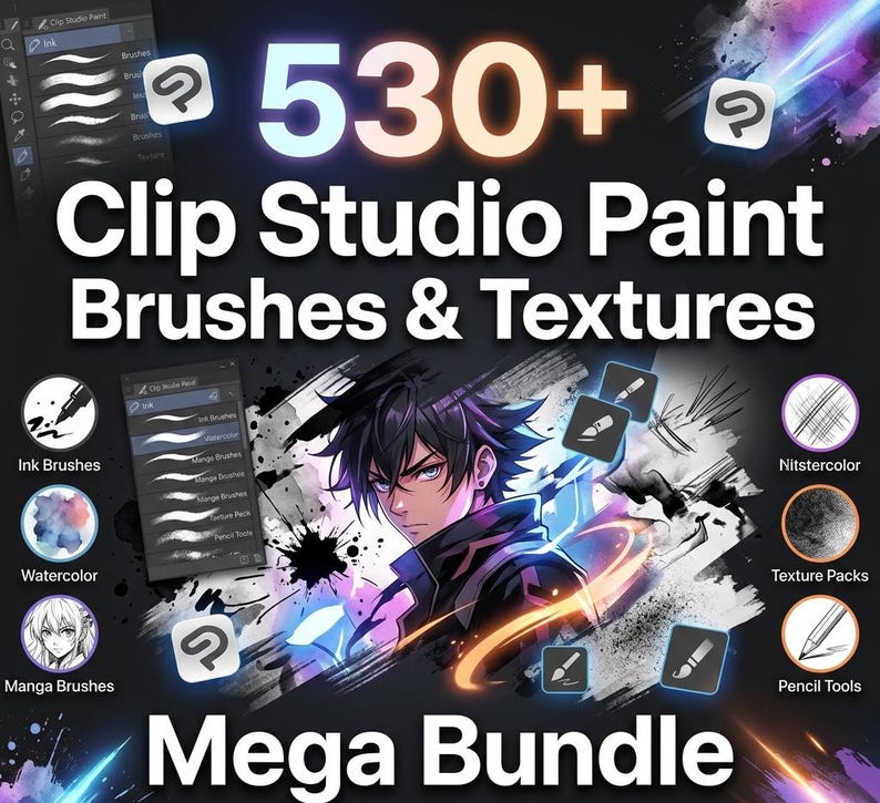 530+ Clip Studio Paint Brushes & 60 Textures Mega Bundle for Procreate ...