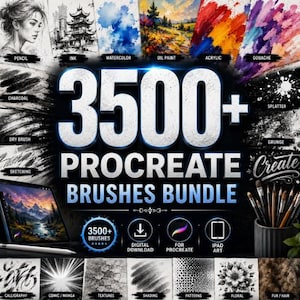 Op de afbeelding: Een digitale productadvertentie voor een bundel van 3500+ Procreate-penselen. De afbeelding bevat grote witte tekst, diverse artistieke stijlvoorbeelden zoals potlood, inkt, aquarel, olieverf, acryl en gouache, en iconen voor digitale download.