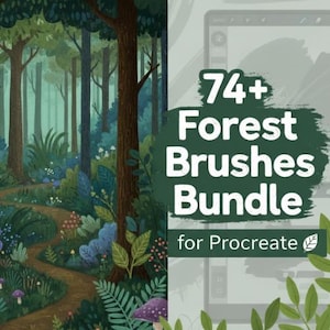 Op de afbeelding: Digitale kunstbundel met een boslandschap met een kronkelend pad en weelderig groen. De tekst "74+ Forest Brushes Bundle for Procreate" wordt weergegeven op een donkergroene achtergrond, wat duidt op digitale kunsttools.