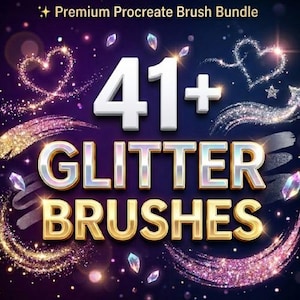 Op de afbeelding: Een digitale kunstafbeelding met de tekst "41+ Glitter Brushes" in gouden en zilveren letters. De achtergrond is donkerblauw met sprankelende glittereffecten, harten en edelsteenachtige vormen. De tekst "Premium Procreate Brush Bundle" staat bovenaan.